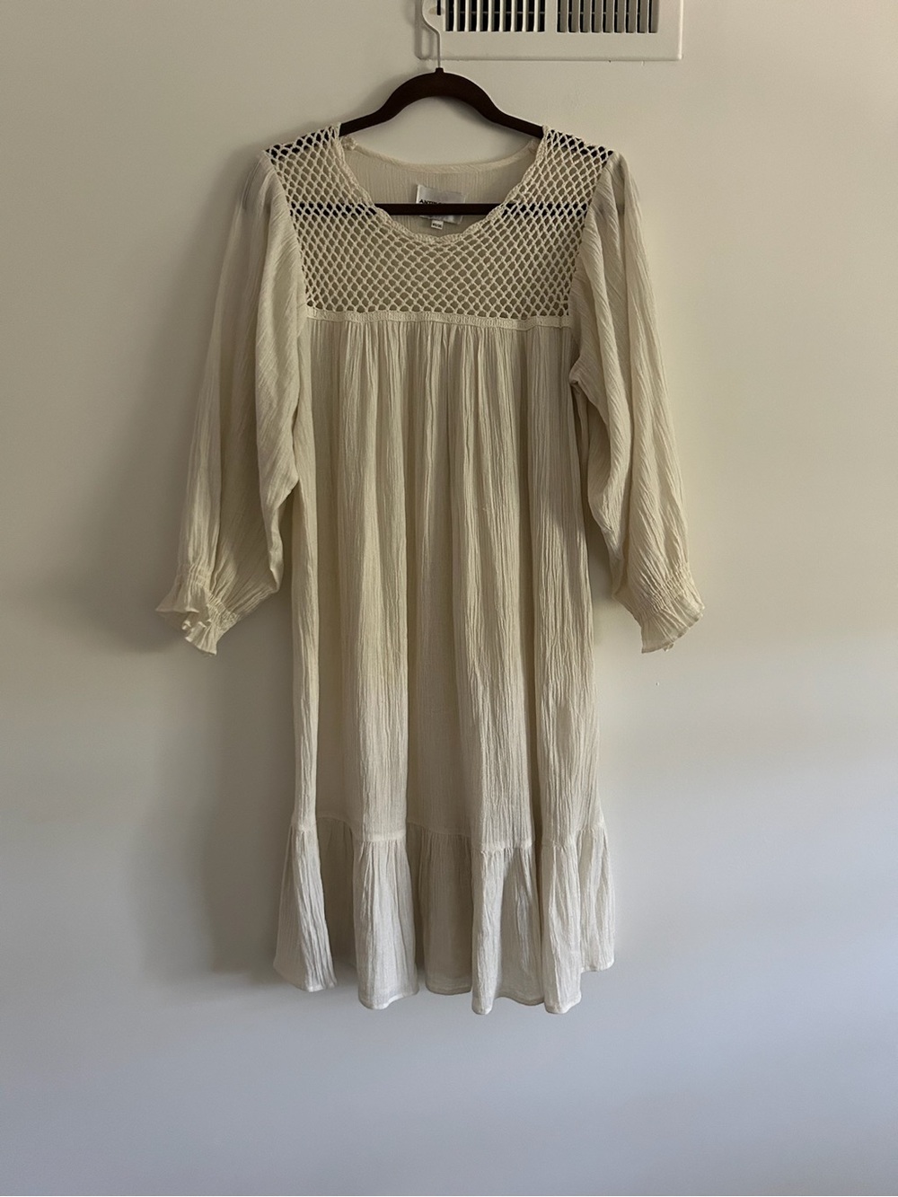Antik Batik Cream Cotton Crepe Crochet Openwork Boho Prairie Dress XS Sheer
